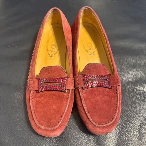 Tod’s Lane Suede Loafers Burgundy with Crystal Embellishments EU 37.5 US 7.5 - Picture 11 of 13